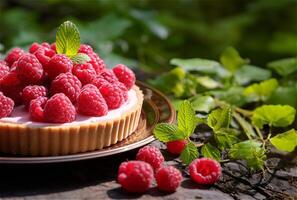 ai généré délicieux mini rouge framboise Tarte proche en haut avec crème sur une marron assiette avec vert feuilles autour il . copie espace. photo