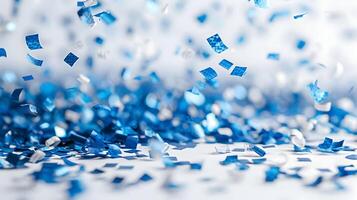 ai généré bleu fête confettis sur une blanc Contexte. haute résolution. ai génératif photo