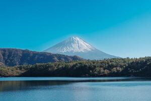 monter Fuji à Lac saiko près kawaguchiko, un de le Fuji cinq des lacs situé dans yamanashi, Japon. point de repère pour touristes attraction. Japon voyage, destination, vacances et monter Fuji journée concept photo