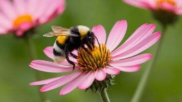 ai généré bourdon se rassemble pollen sur rose fleur contre été Prairie toile de fond photo