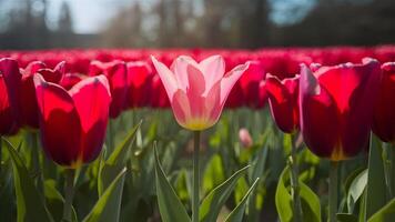 ai généré rose tulipe Floraison dans rouge tulipes champ en dessous de printemps lumière du soleil photo