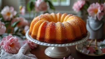 ai généré bundt gâteau sur blanc gâteau assiette photo