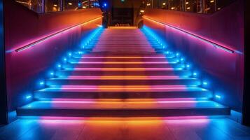 ai généré illuminé escalier avec bleu et rose lumières photo