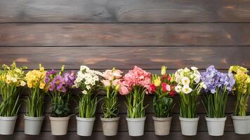 ai généré printemps fleurs dans des pots arrangé soigneusement sur en bois Contexte photo