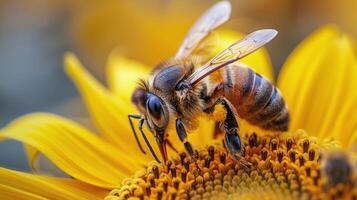 ai généré abeille séance sur tournesol photo