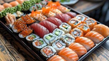 ai généré assorti Sushi sur en bois plateau photo