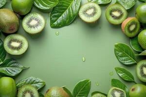 ai généré tranché Kiwis avec l'eau gouttelettes sur une vert surface photo