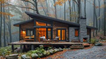 ai généré cabine entouré par forêt photo