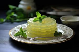 ai généré bancal assiette de citron gelée menthe. produire ai photo