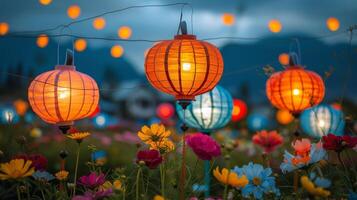 ai généré champ de fleurs et papier lanternes photo