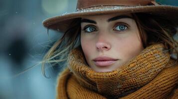 ai généré femme portant marron chapeau et écharpe photo