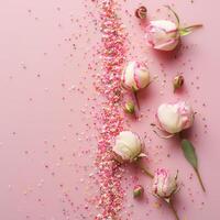 ai généré international aux femmes journée. une de haut en bas image avec rose pivoine boutons de rose et arrose sur une pastel rose Contexte photo