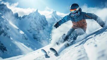 ai généré une Jeune snowboarder monte vers le bas un alpin Montagne à haute la vitesse photo