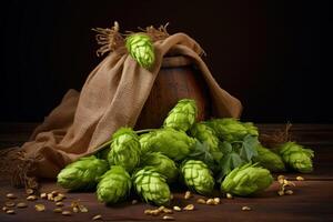 ai généré verdoyant sac de Frais vert du houblon. produire ai photo