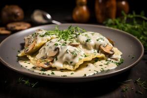 ai généré satisfaisant assiette champignon Ravioli. produire ai photo