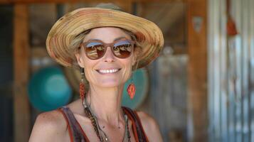 ai généré élégant mature femme dans une chapeau de soleil et des lunettes de soleil, tropical toile de fond. photo