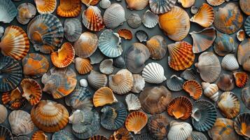 ai généré abstrait Contexte fabriqué de coquilles de différent formes et tailles, Haut vue photo