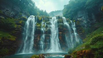 ai généré cascade entouré par luxuriant vert forêt photo