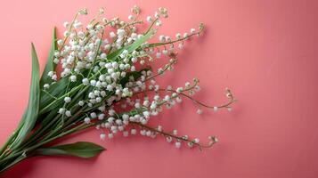 ai généré une magnifique bouquet de blanc fleurs de lys de le vallée mensonges sur le la gauche sur une rose minimaliste pastel Contexte photo