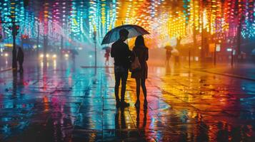 ai généré une paire en dessous de un parapluie, leur reflets chatoyant sur mouillé par la pluie des rues, éclaboussures de Couleur de parapluies photo