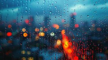 ai généré pluie gouttes sur le fenêtre de une voiture à nuit photo