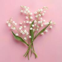 ai généré une magnifique bouquet de blanc fleurs de lys de le vallée mensonges sur le la gauche sur une rose minimaliste pastel Contexte photo