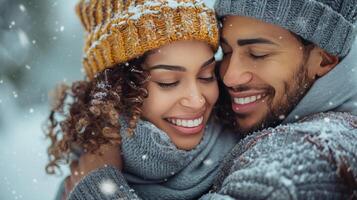 ai généré souriant homme et femme dans neige photo