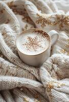 ai généré tasse de chaud cacao sur une la laine chandail ensemble contre flocons de neige photo