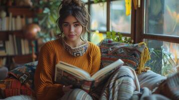 ai généré femme séance sur une canapé en train de lire une livre photo