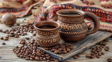 ai généré une tasse de café entouré par café des haricots photo