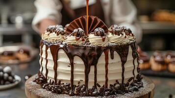 ai généré blanc gâteau avec chef main Contexte photo