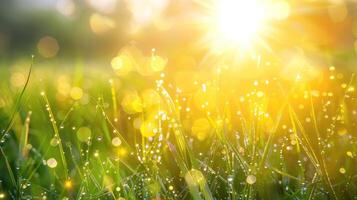 ai généré comme le Soleil monte, La peinture le ciel dans teintes de or et rose, embrassé par la rosée herbe les tapis le Terre photo