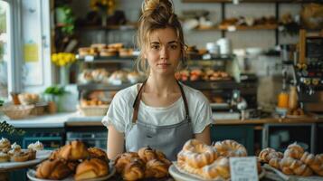 ai généré une femelle boulanger et entrepreneur, le propriétaire de une Commencez petit entreprise, est sur la photo à le compteur de sa boulangerie