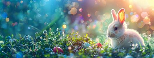 ai généré brillant coloré Naturel Pâques Contexte avec une blanc duveteux lapin séance dans le vert herbe photo