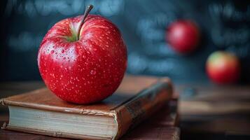 ai généré rouge Pomme sur en bois table photo