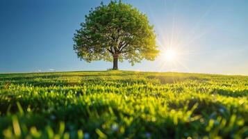 ai généré seul arbre sur herbe colline en dessous de bleu ciel photo