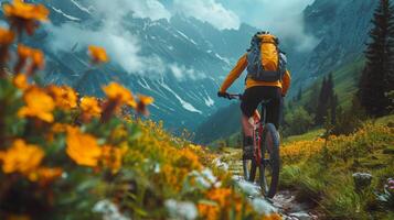 ai généré homme équitation bicyclette vers le bas Montagne Piste photo