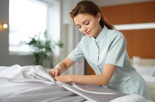 ai généré une femme dans uniforme placement feuilles sur une lit photo