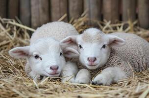ai généré nouveau née agneaux sur paille photo