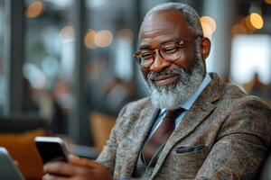 ai généré souriant homme avec barbe et des lunettes en portant cellule téléphone photo