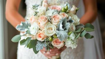 ai généré femme dans mariage robe en portant bouquet photo