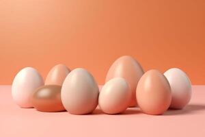 ai généré pile de Pâques des œufs dans pêche duvet couleur. surface avec doux Orange Couleur Contexte. idée pour Pâques affiche photo