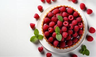 ai généré Haut vue de délicieux framboise Tarte avec crème, blanc assiette sur blanc Contexte photo