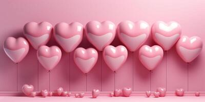 ai généré célébrer l'amour avec de fête la Saint-Valentin journée bannière avec rose coloré 3d cœurs des ballons et Contexte. coloré cœurs bannière pour la Saint-Valentin fête avec copie espace. photo