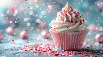 ai généré petit gâteau avec blanc Glaçage et arrose photo