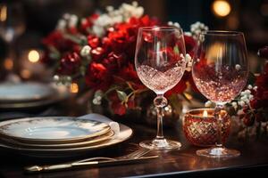 ai généré magnifiquement décoré table pour Noël dîner avec plats, rouge décorations. photo