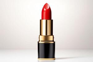 ai généré une classique rouge rouge à lèvres dans une noir et or tube est présenté contre une doux blanc arrière-plan, symbolisant intemporel beauté, utilisé pour maquillage produit mettant en valeur et publicité. photo