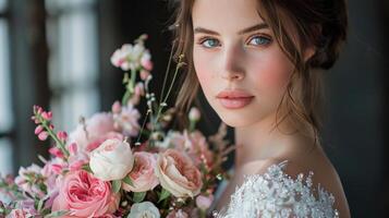 ai généré femme dans mariage robe en portant bouquet de fleurs photo