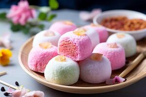 ai généré coloré mochi avec floral garnitures sur une bambou plateau, thé dans le arrière-plan, parfait pour mise en évidence Japonais dessert élégance. photo