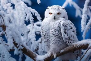 ai généré majestueux neigeux hibou arbre branche. produire ai photo